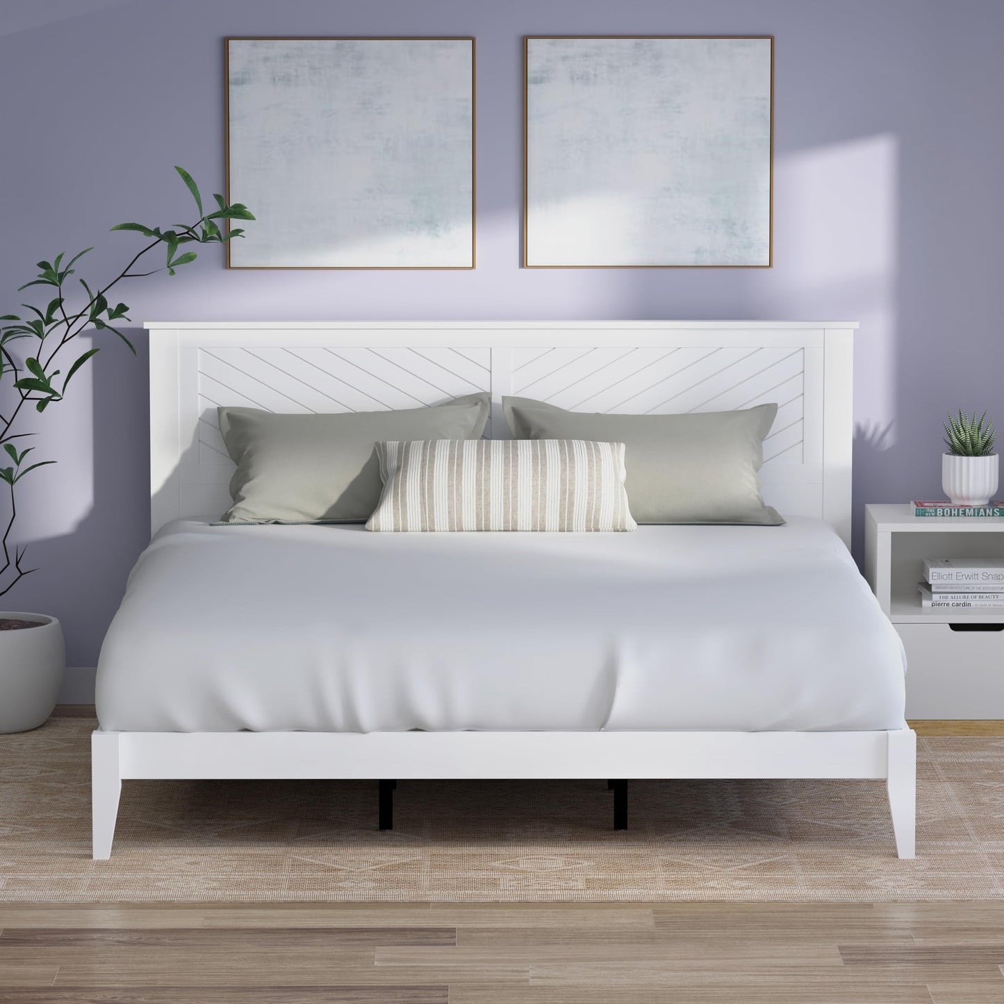 ComfIQ Serene Solid Wood Modern Farmhouse Platform Bed with Chevron Scoring Headboard
