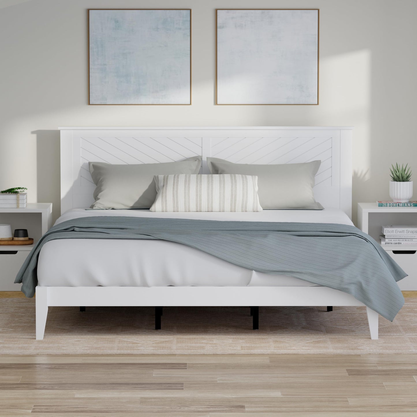 ComfIQ Serene Solid Wood Modern Farmhouse Platform Bed with Chevron Scoring Headboard
