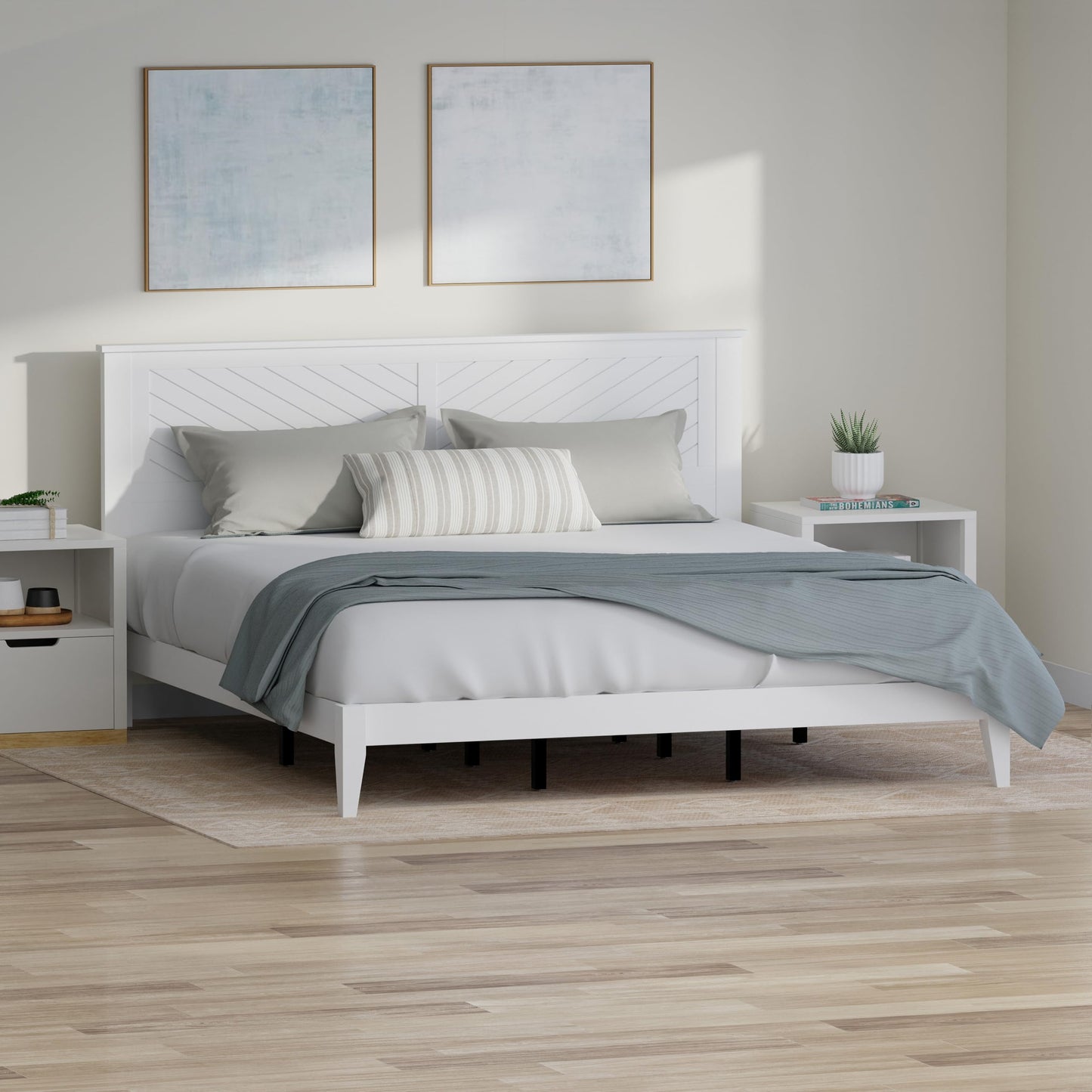 ComfIQ Serene Solid Wood Modern Farmhouse Platform Bed with Chevron Scoring Headboard