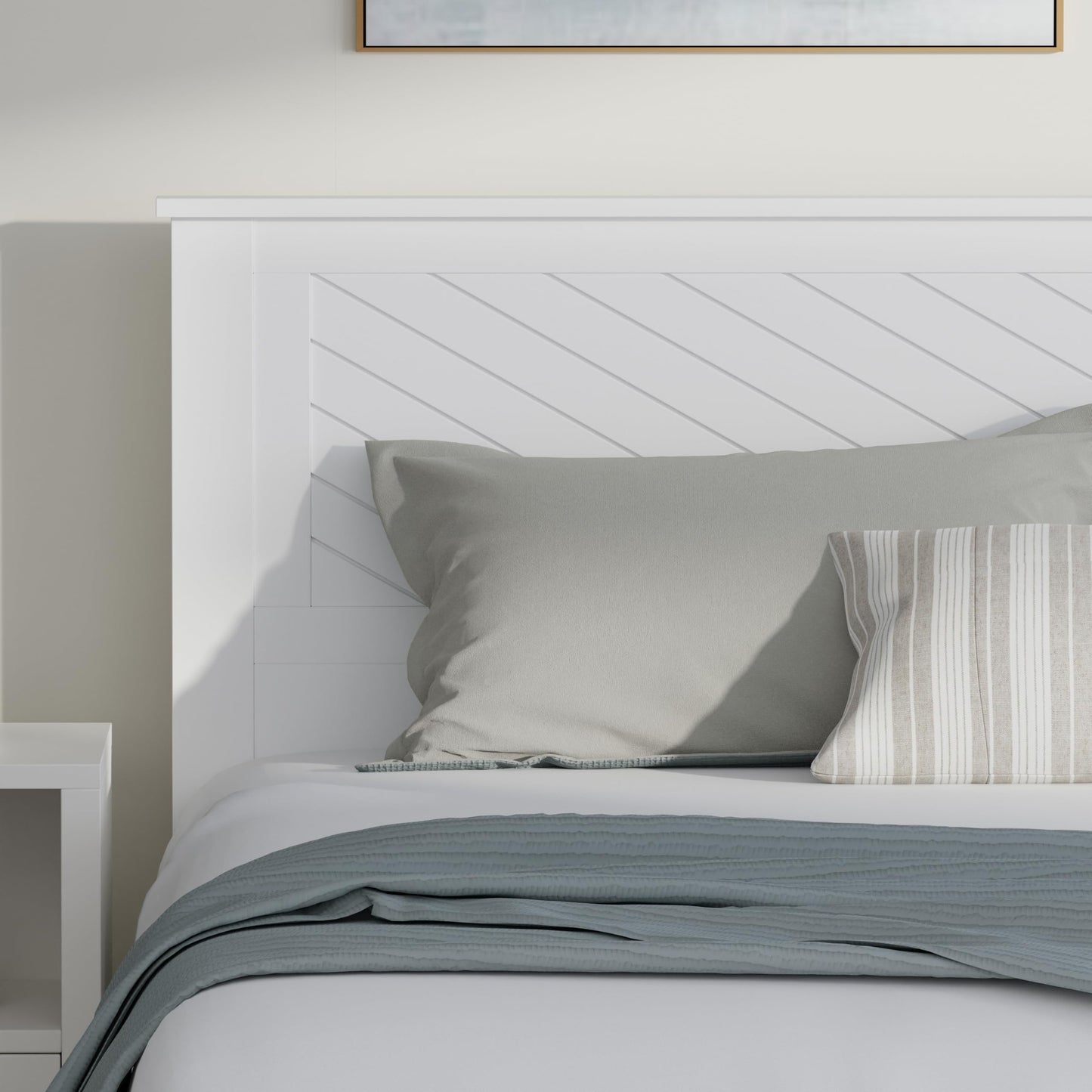 ComfIQ Serene Solid Wood Modern Farmhouse Platform Bed with Chevron Scoring Headboard