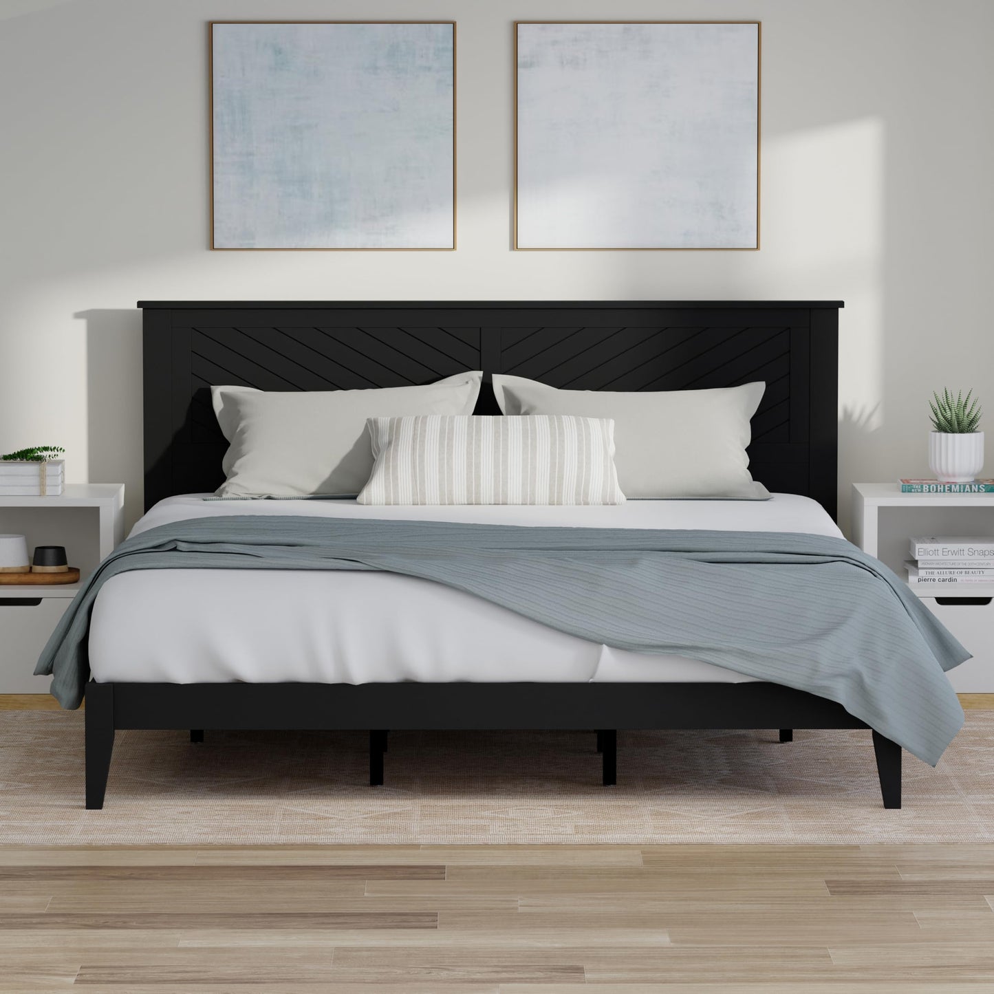 ComfIQ Serene Solid Wood Modern Farmhouse Platform Bed with Chevron Scoring Headboard