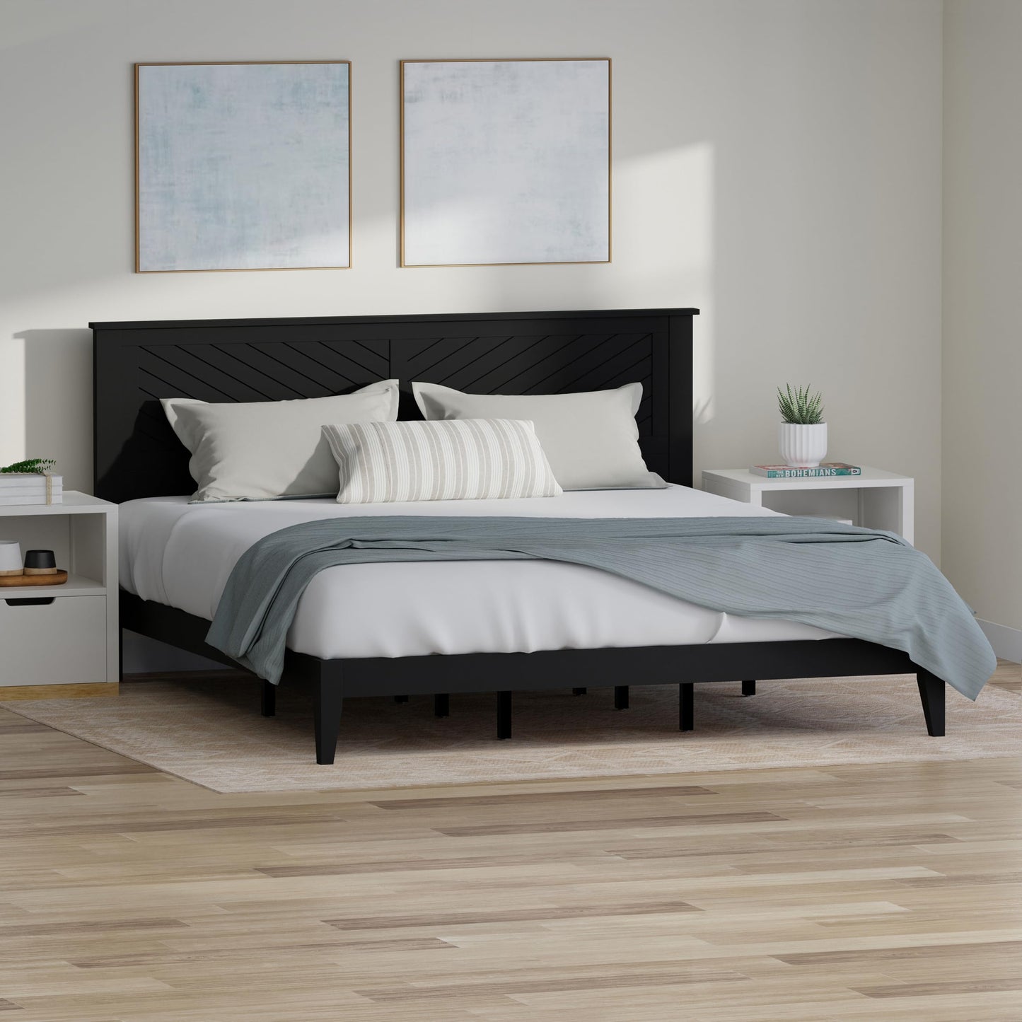 ComfIQ Serene Solid Wood Modern Farmhouse Platform Bed with Chevron Scoring Headboard