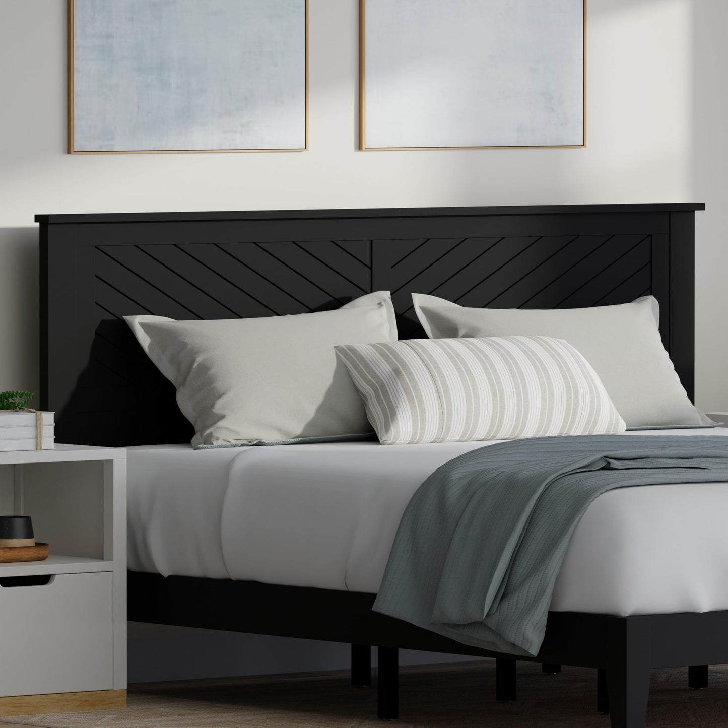 ComfIQ Serene Solid Wood Modern Farmhouse Platform Bed with Chevron Scoring Headboard