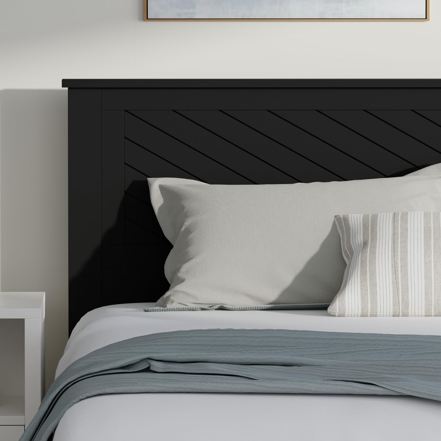 ComfIQ Serene Solid Wood Modern Farmhouse Platform Bed with Chevron Scoring Headboard