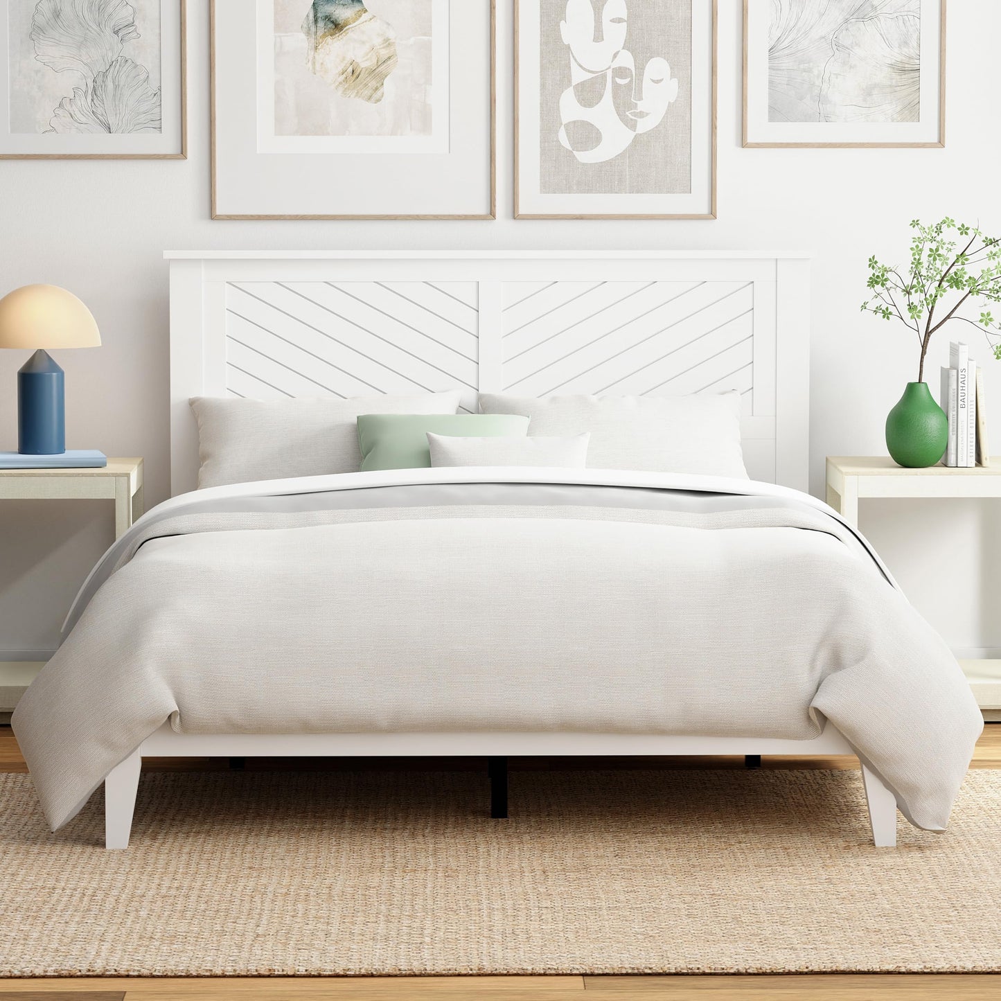 ComfIQ Serene Solid Wood Modern Farmhouse Platform Bed with Chevron Scoring Headboard