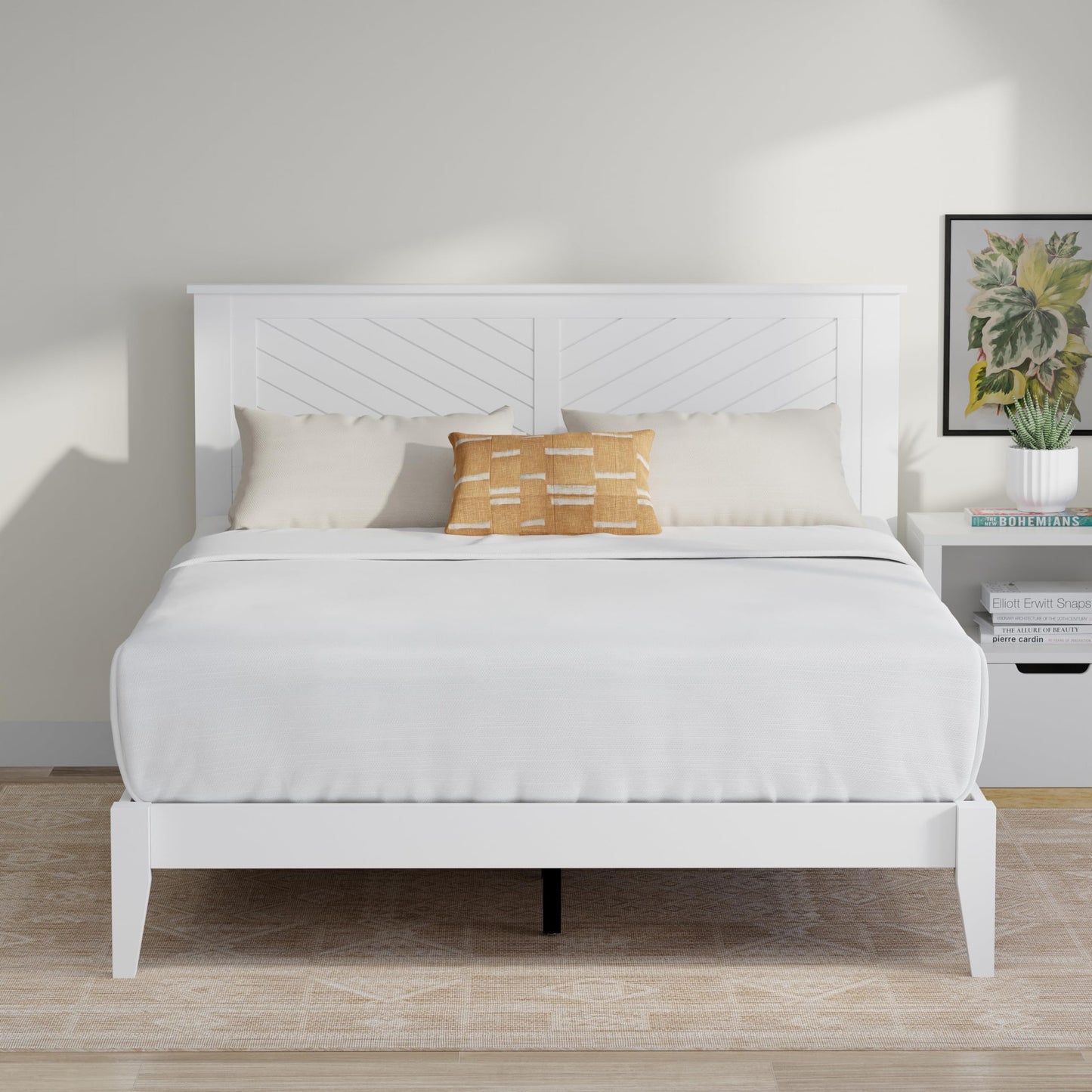ComfIQ Serene Solid Wood Modern Farmhouse Platform Bed with Chevron Scoring Headboard