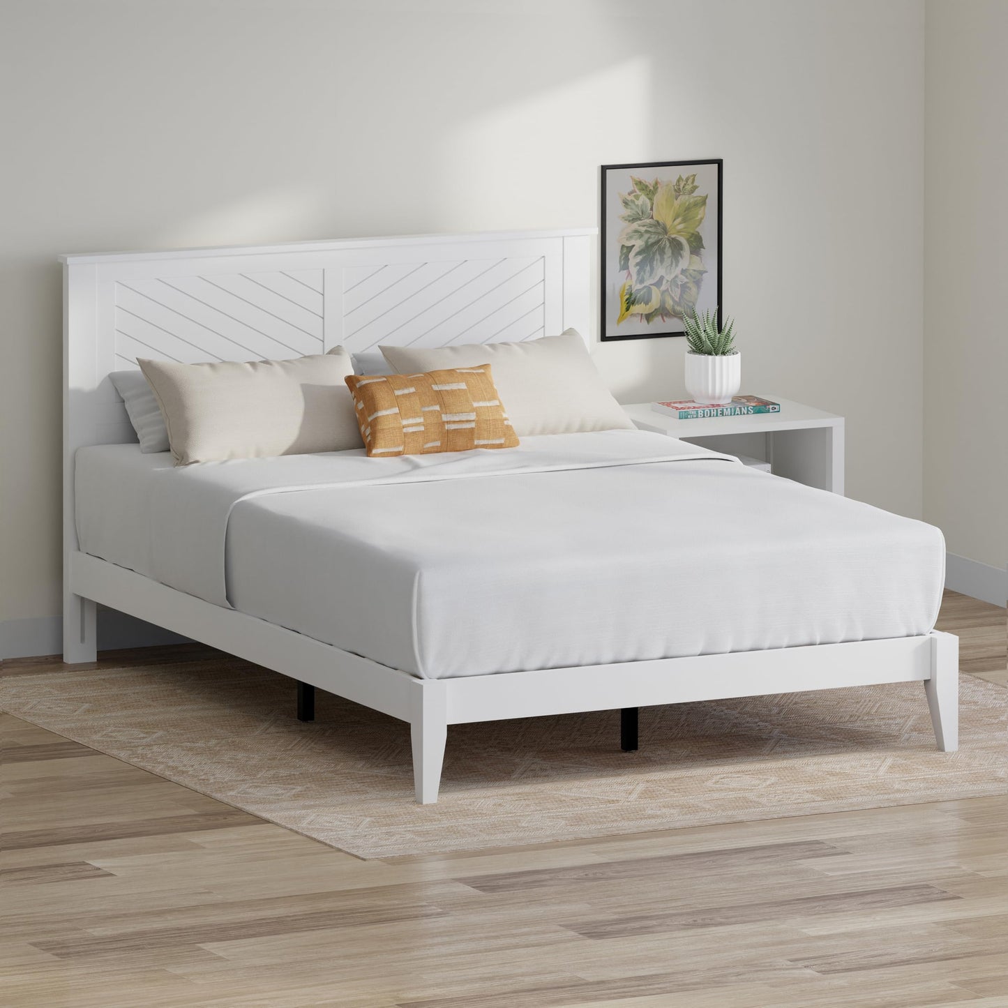 ComfIQ Serene Solid Wood Modern Farmhouse Platform Bed with Chevron Scoring Headboard