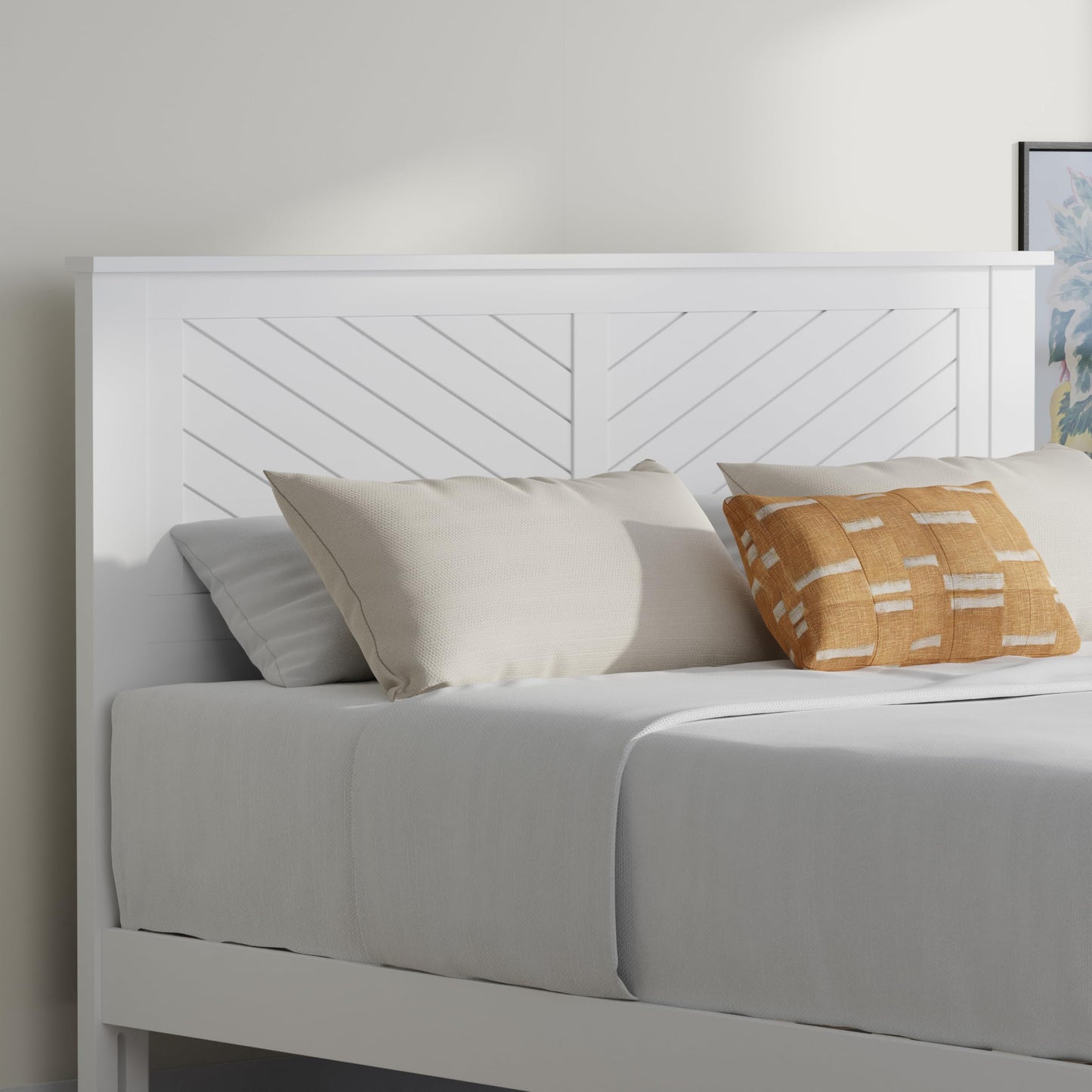 ComfIQ Serene Solid Wood Modern Farmhouse Platform Bed with Chevron Scoring Headboard