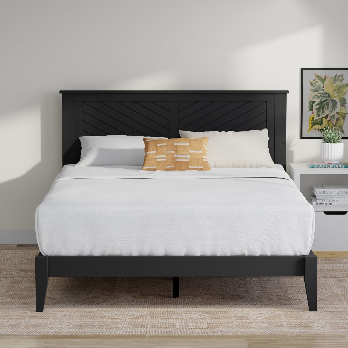 ComfIQ Serene Solid Wood Modern Farmhouse Platform Bed with Chevron Scoring Headboard