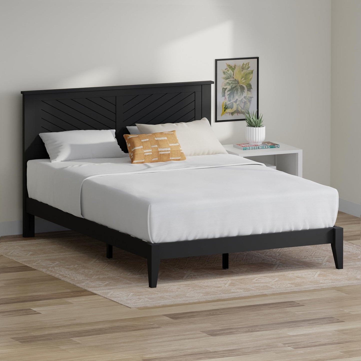 ComfIQ Serene Solid Wood Modern Farmhouse Platform Bed with Chevron Scoring Headboard