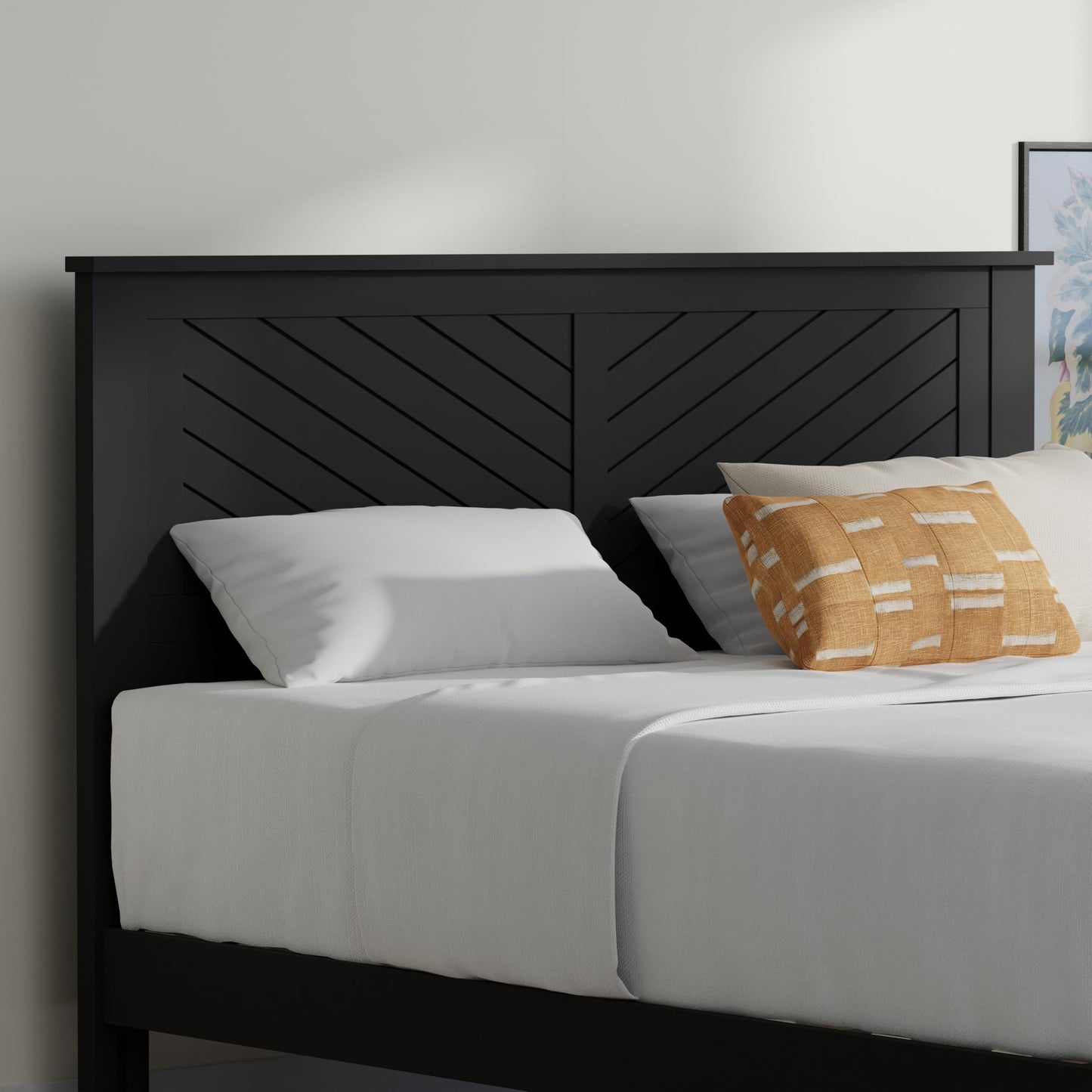 ComfIQ Serene Solid Wood Modern Farmhouse Platform Bed with Chevron Scoring Headboard