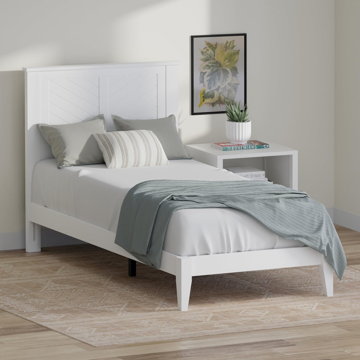 ComfIQ Serene Solid Wood Modern Farmhouse Platform Bed with Chevron Scoring Headboard