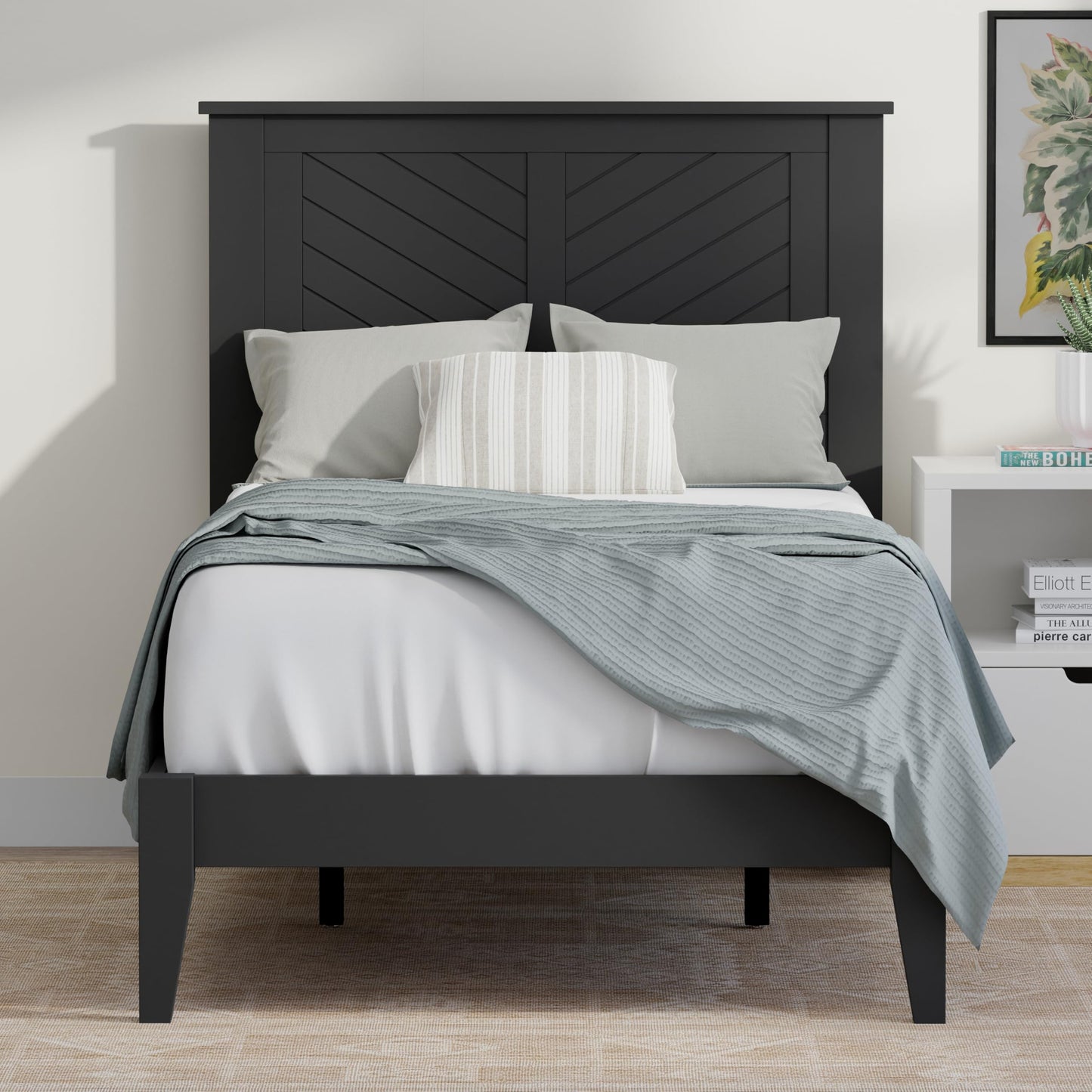 ComfIQ Serene Solid Wood Modern Farmhouse Platform Bed with Chevron Scoring Headboard