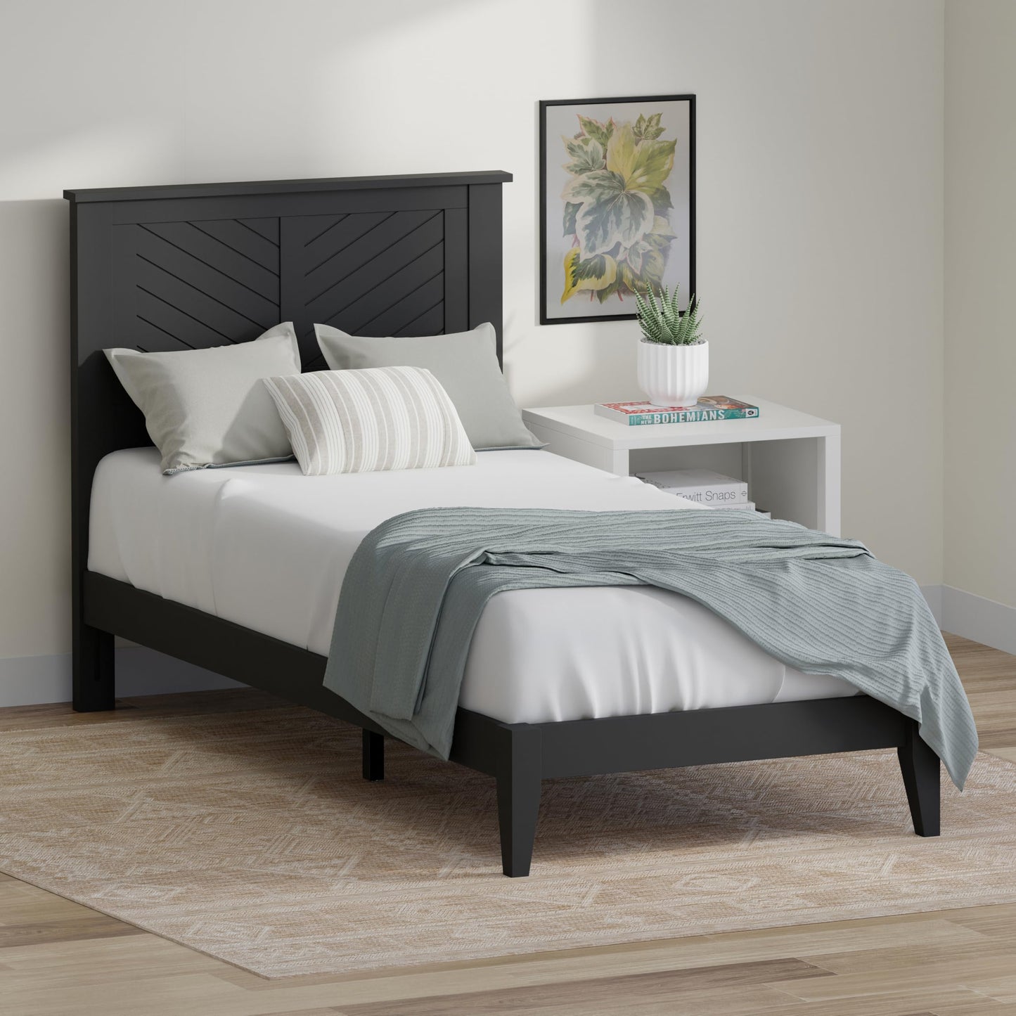 ComfIQ Serene Solid Wood Modern Farmhouse Platform Bed with Chevron Scoring Headboard