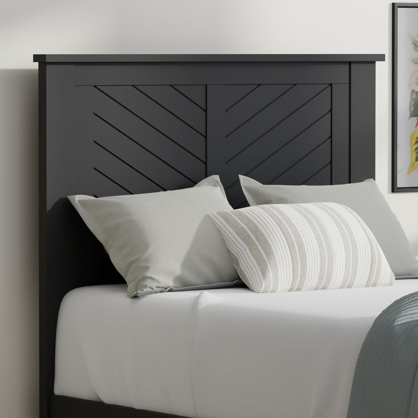 ComfIQ Serene Solid Wood Modern Farmhouse Platform Bed with Chevron Scoring Headboard
