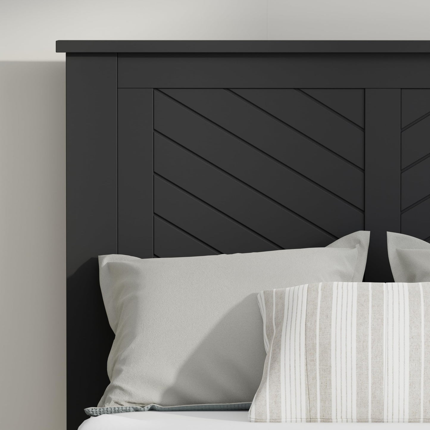 ComfIQ Serene Solid Wood Modern Farmhouse Platform Bed with Chevron Scoring Headboard