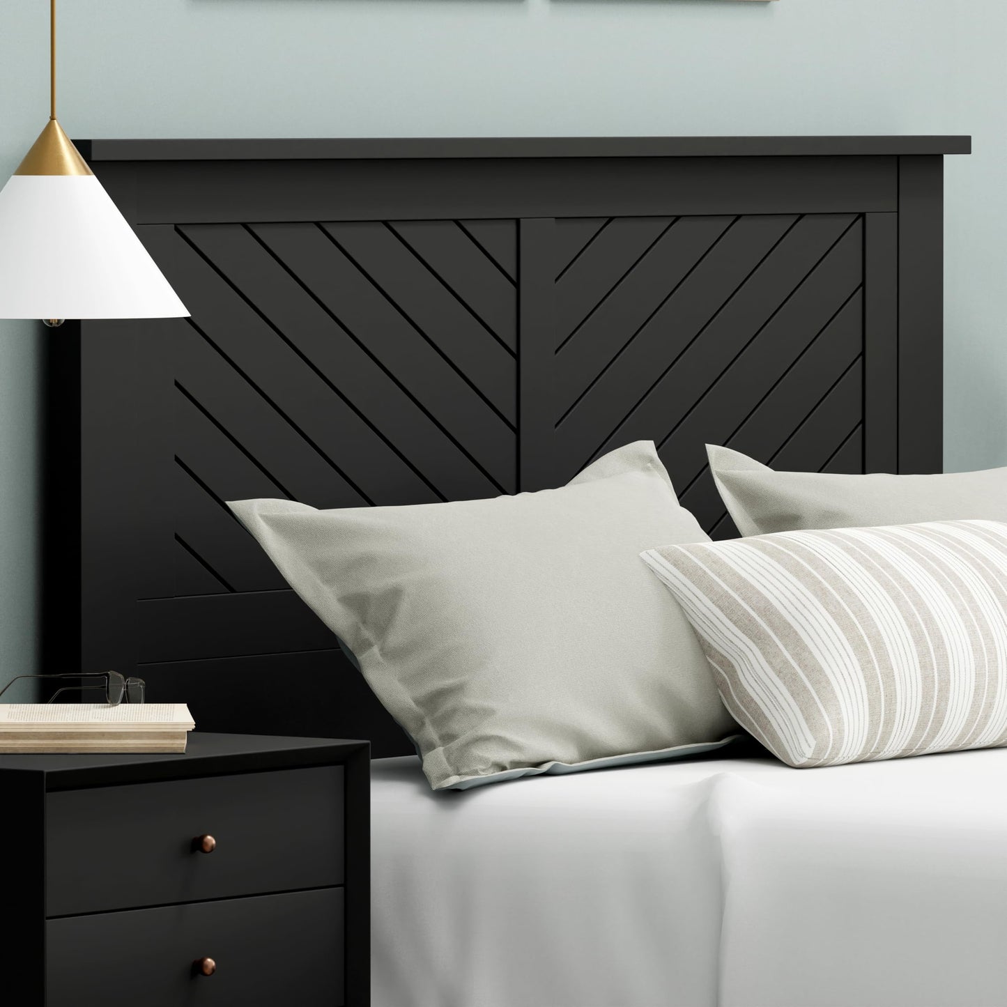 ComfIQ Serene Solid Wood Modern Farmhouse Panel Headboard with Chevron Scoring
