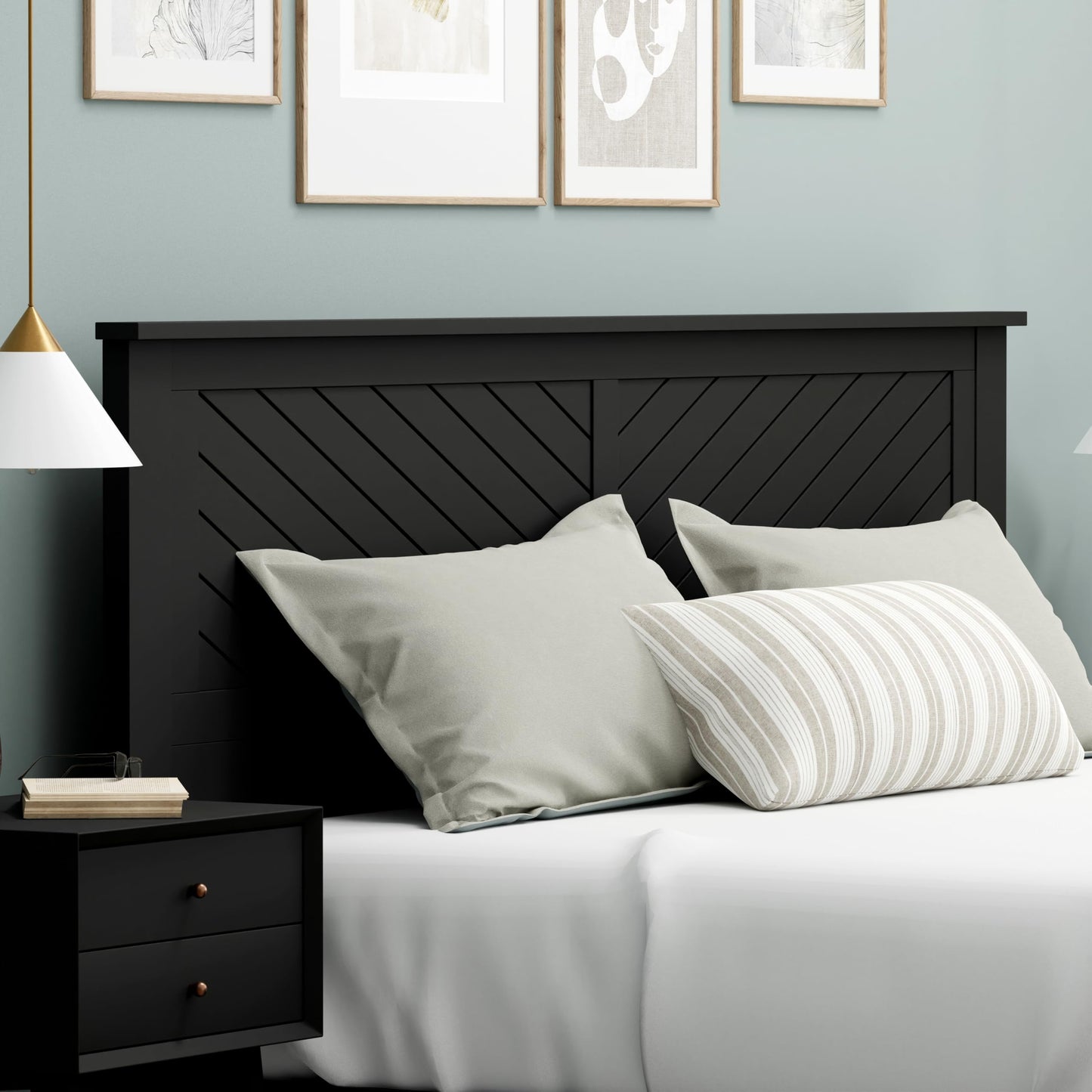 ComfIQ Serene Solid Wood Modern Farmhouse Panel Headboard with Chevron Scoring