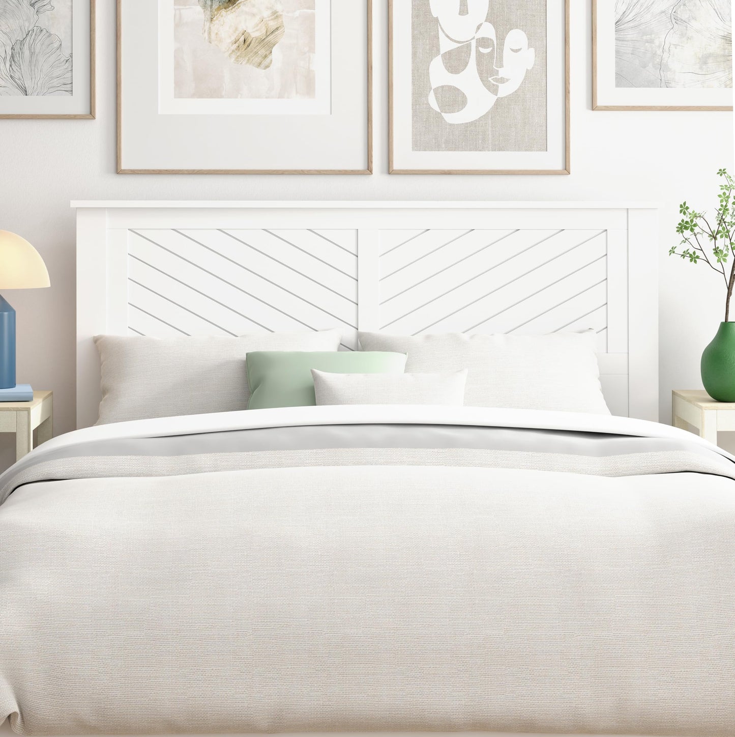 ComfIQ Serene Solid Wood Modern Farmhouse Panel Headboard with Chevron Scoring