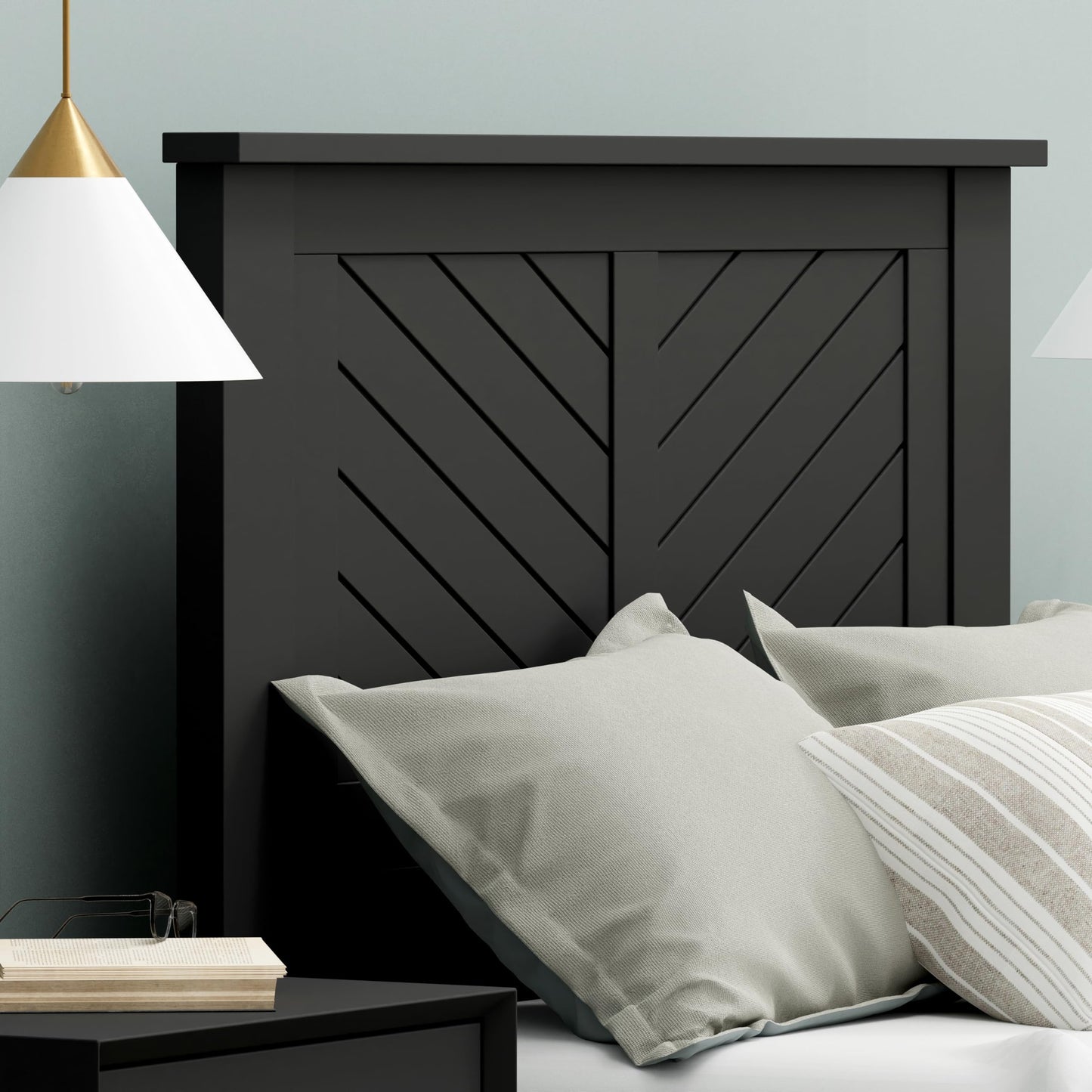 ComfIQ Serene Solid Wood Modern Farmhouse Panel Headboard with Chevron Scoring