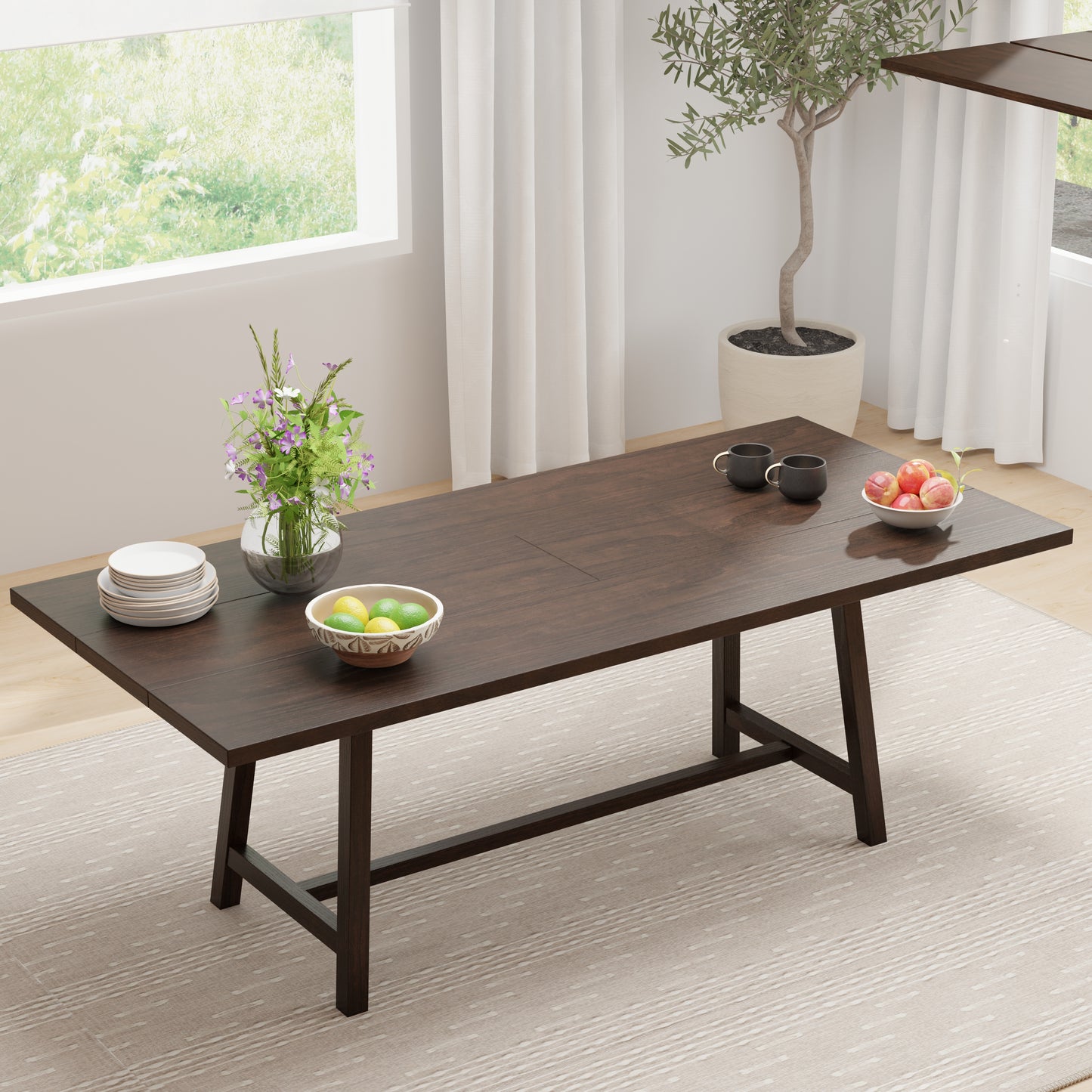 ComfIQ Harthwell 84-Inch Modern Farmhouse Dining Table - Solid Rubberwood with Solid Ash Veneer, Seats 8, Easy Assembly, Rustic Wood Kitchen & Dining Room Table