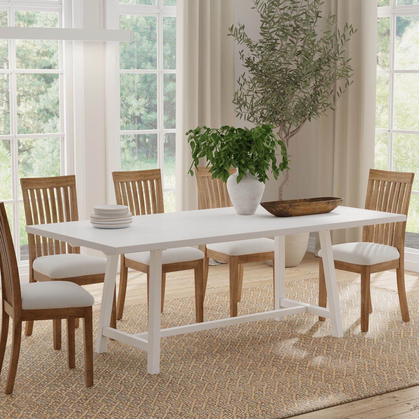 ComfIQ Harthwell 84-Inch Modern Farmhouse Dining Table - Solid Rubberwood with Solid Ash Veneer, Seats 8, Easy Assembly, Rustic Wood Kitchen & Dining Room Table