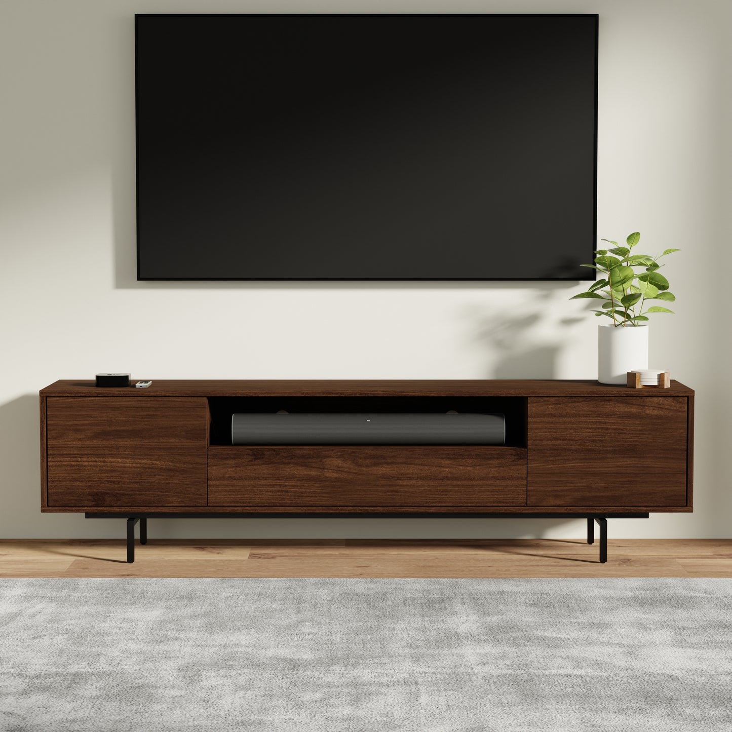 ComfIQ Norrhaus 75-Inch Modern TV Stand with Center Channel Speaker Shelf and Flip Down Door