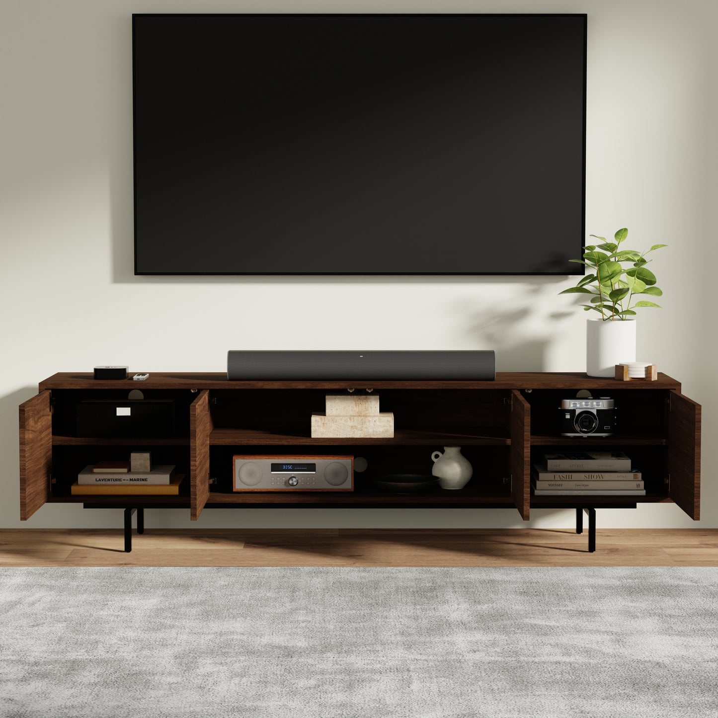 ComfIQ Norrhaus 75-Inch Modern TV Stand with Center Channel Speaker Shelf and Flip Down Door