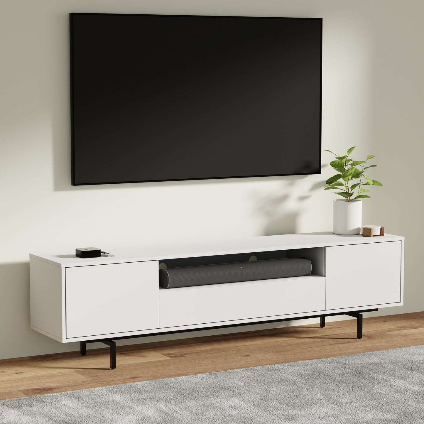 ComfIQ Norrhaus 75-Inch Modern TV Stand with Center Channel Speaker Shelf and Flip Down Door