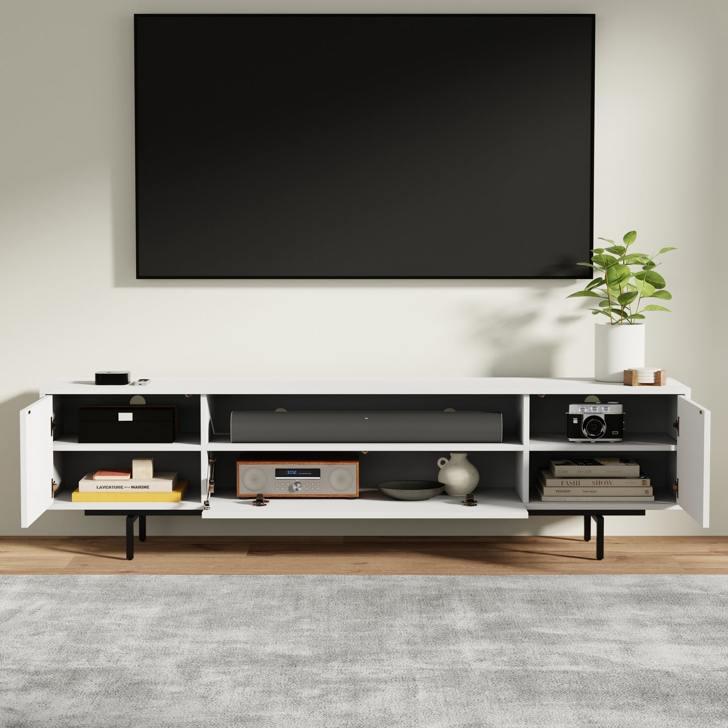 ComfIQ Norrhaus 75-Inch Modern TV Stand with Center Channel Speaker Shelf and Flip Down Door