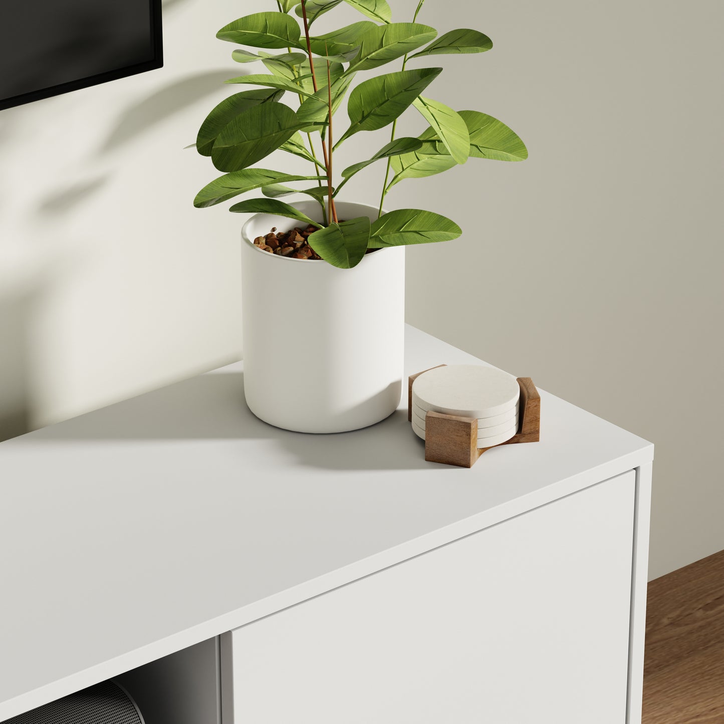 ComfIQ Norrhaus 75-Inch Modern TV Stand with Center Channel Speaker Shelf and Flip Down Door