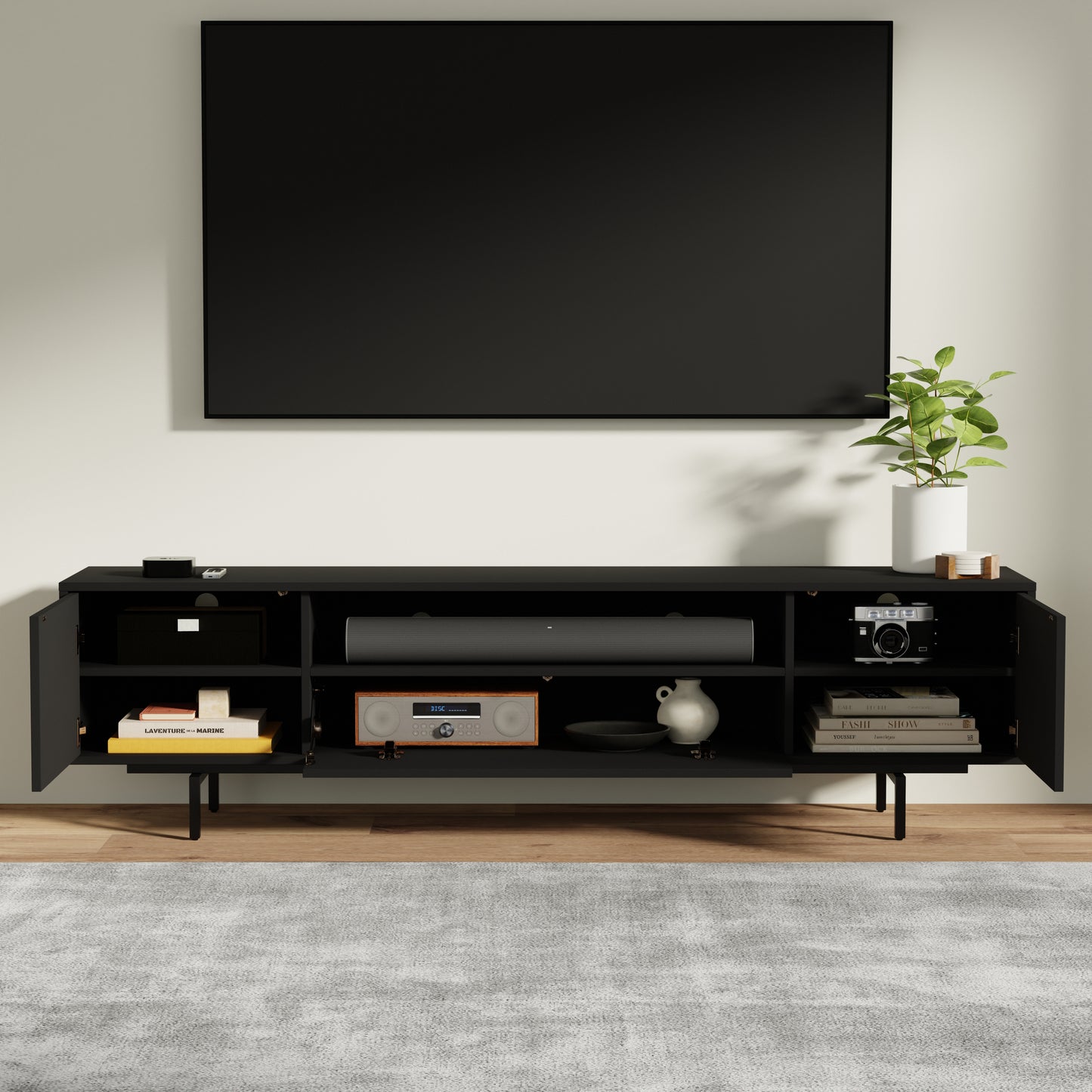 ComfIQ Norrhaus 75-Inch Modern TV Stand with Center Channel Speaker Shelf and Flip Down Door
