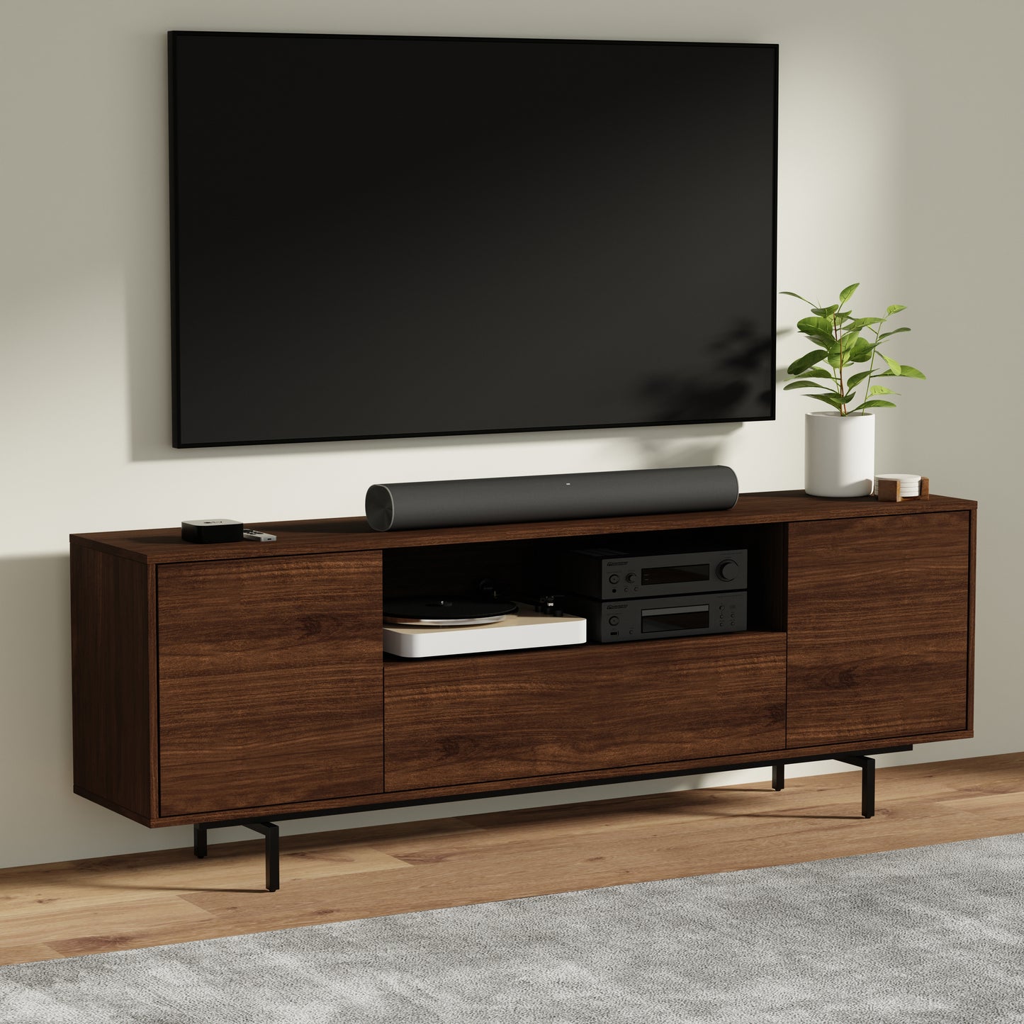ComfIQ Norrhaus 75-Inch Modern TV Stand with Center Channel Speaker Shelf and Flip Down Door