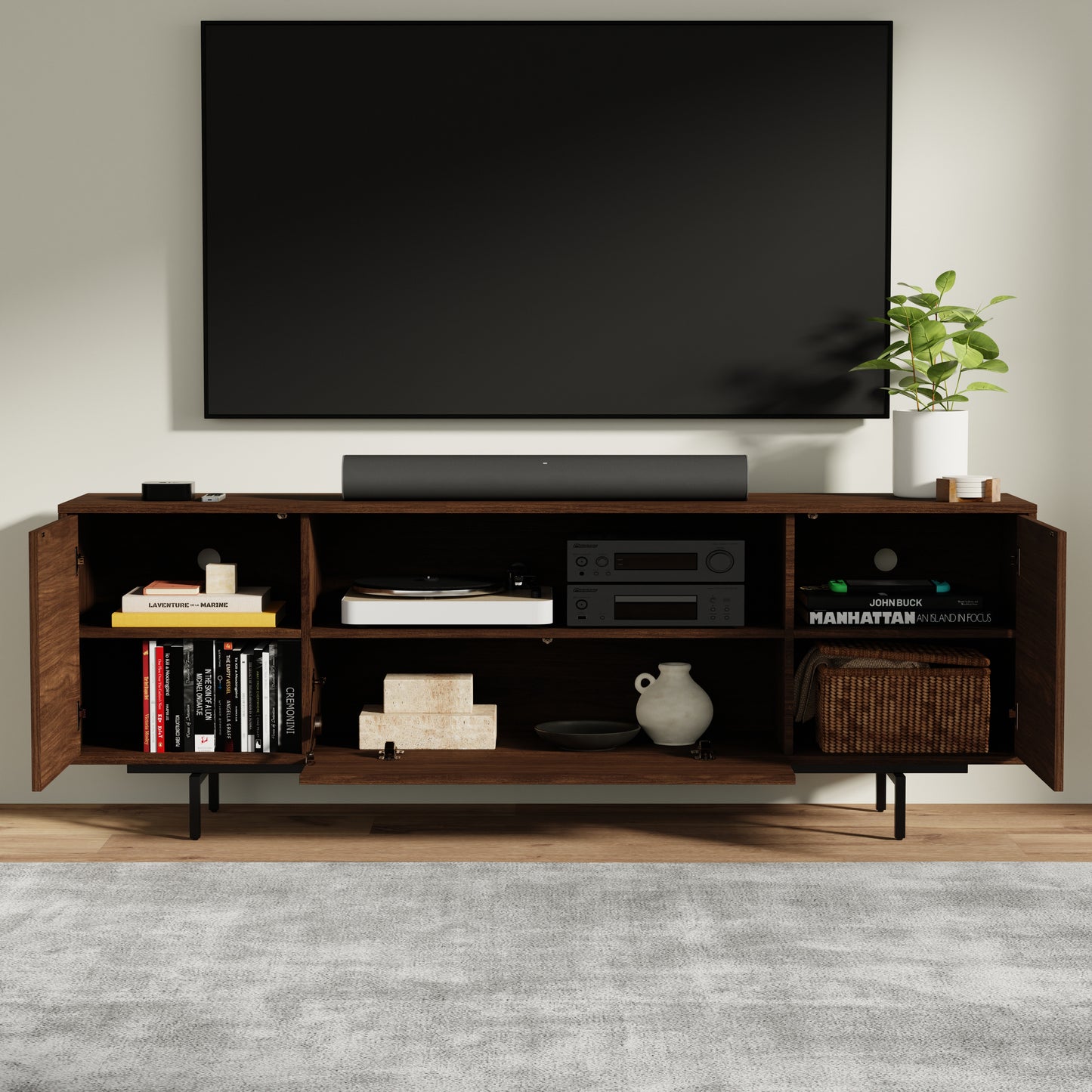 ComfIQ Norrhaus 75-Inch Modern TV Stand with Center Channel Speaker Shelf and Flip Down Door