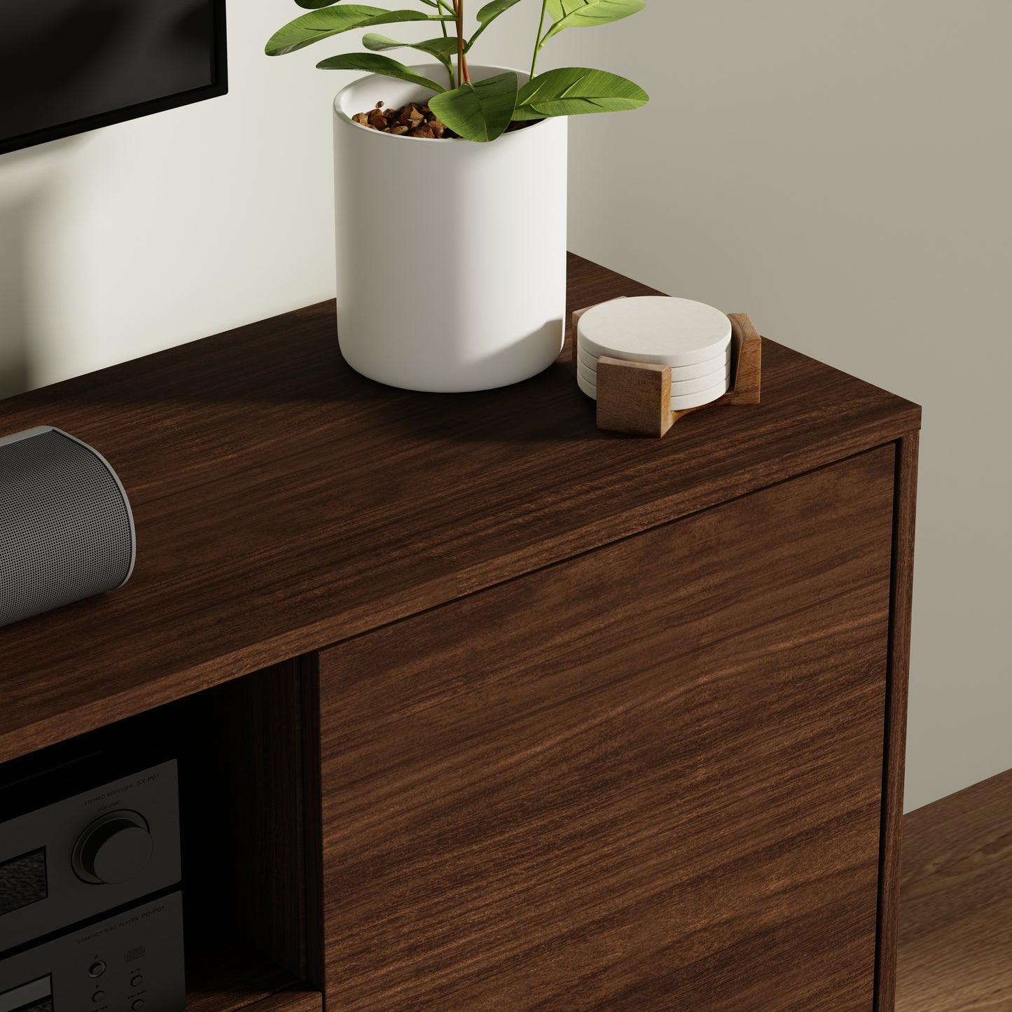 ComfIQ Norrhaus 75-Inch Modern TV Stand with Center Channel Speaker Shelf and Flip Down Door