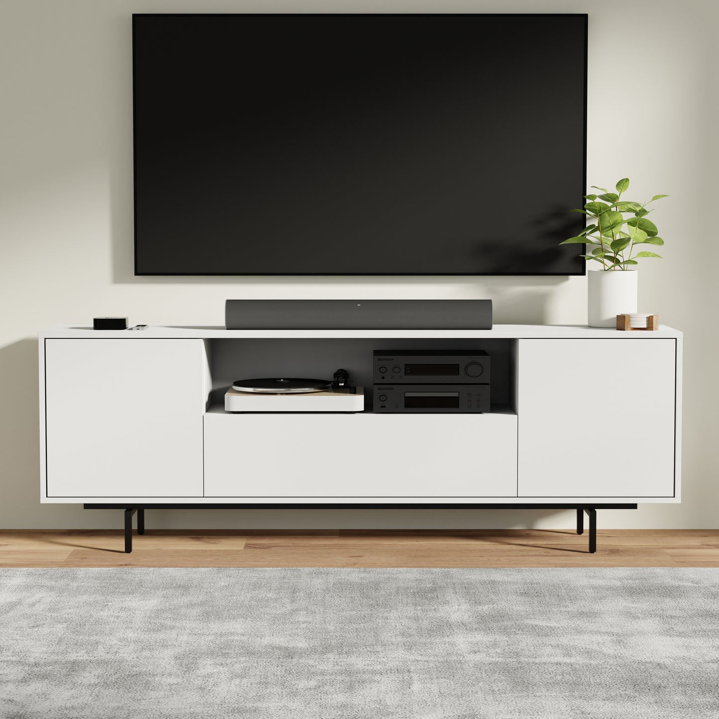 ComfIQ Norrhaus 75-Inch Modern TV Stand with Center Channel Speaker Shelf and Flip Down Door