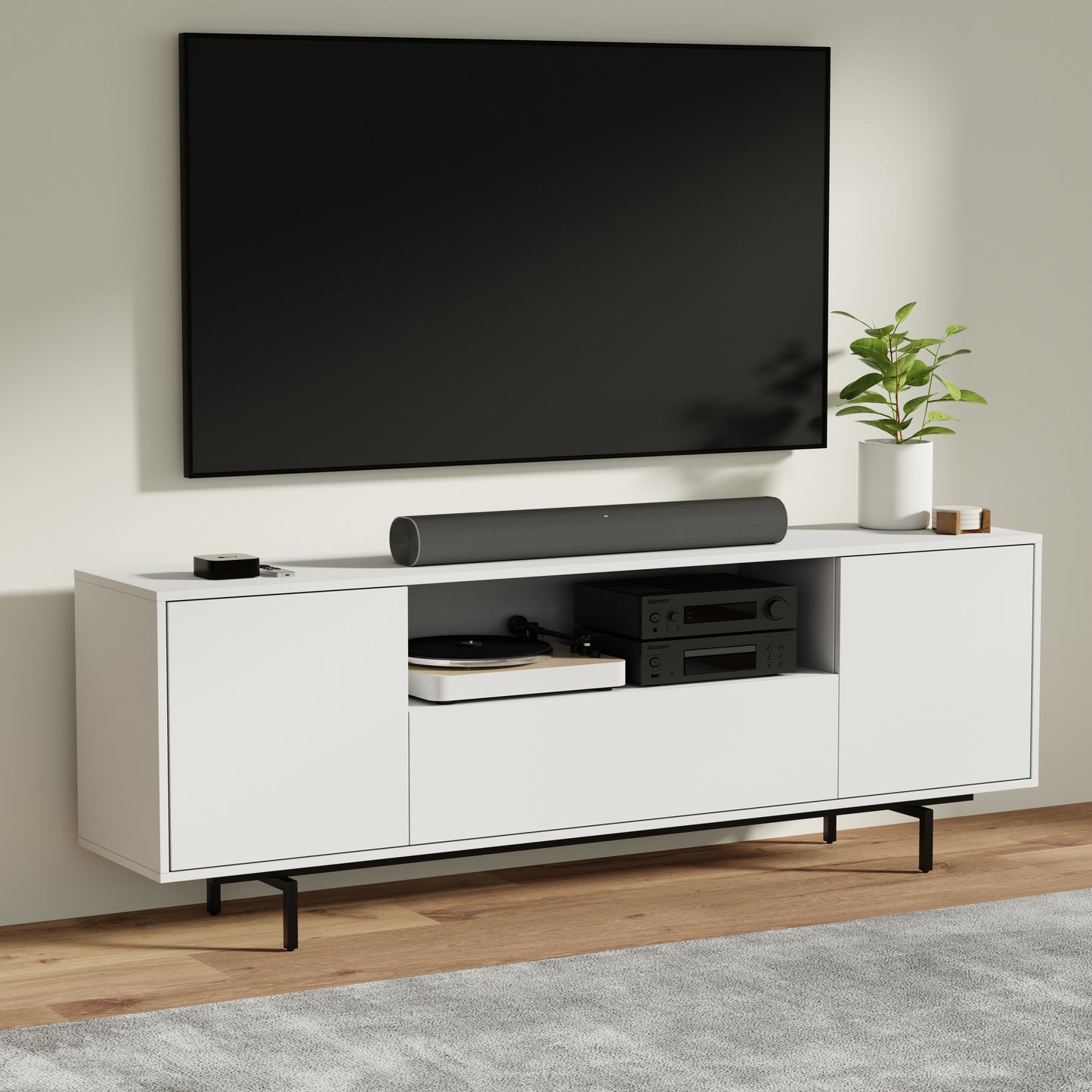 ComfIQ Norrhaus 75-Inch Modern TV Stand with Center Channel Speaker Shelf and Flip Down Door