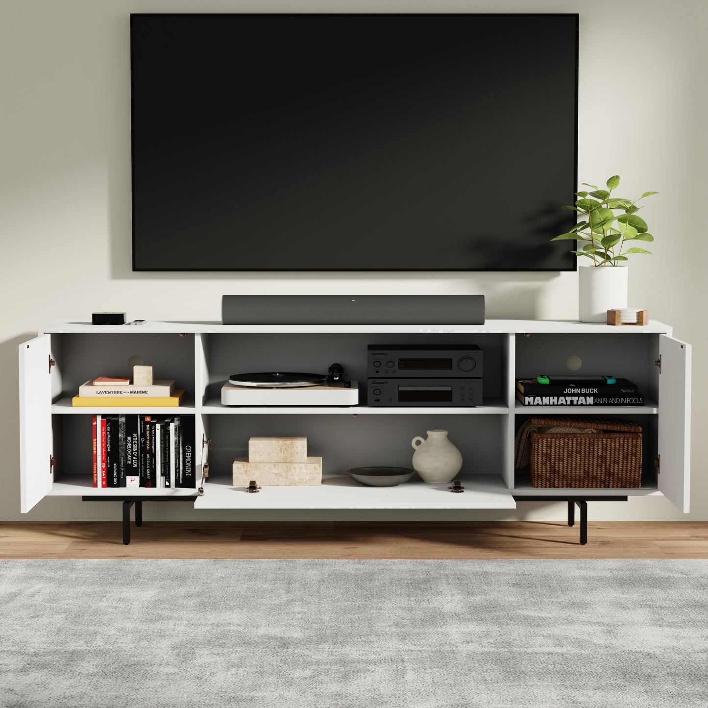 ComfIQ Norrhaus 75-Inch Modern TV Stand with Center Channel Speaker Shelf and Flip Down Door