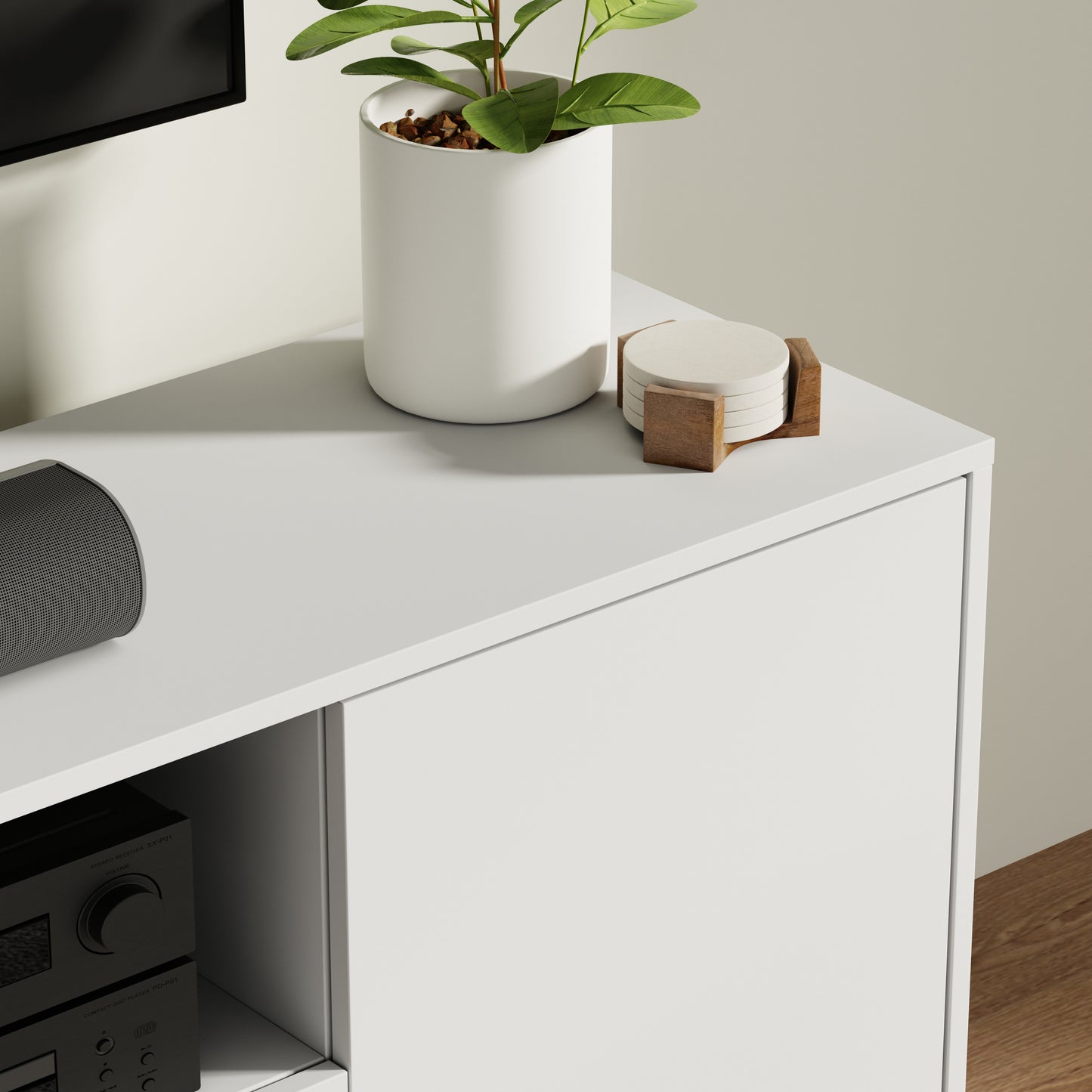 ComfIQ Norrhaus 75-Inch Modern TV Stand with Center Channel Speaker Shelf and Flip Down Door