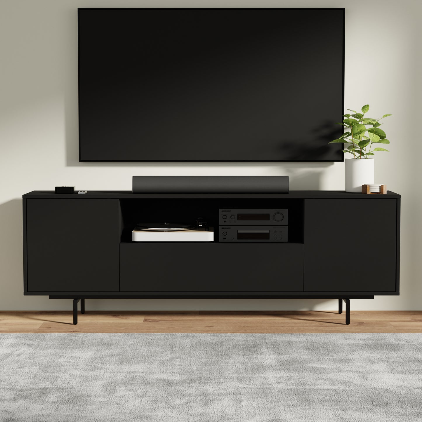 ComfIQ Norrhaus 75-Inch Modern TV Stand with Center Channel Speaker Shelf and Flip Down Door