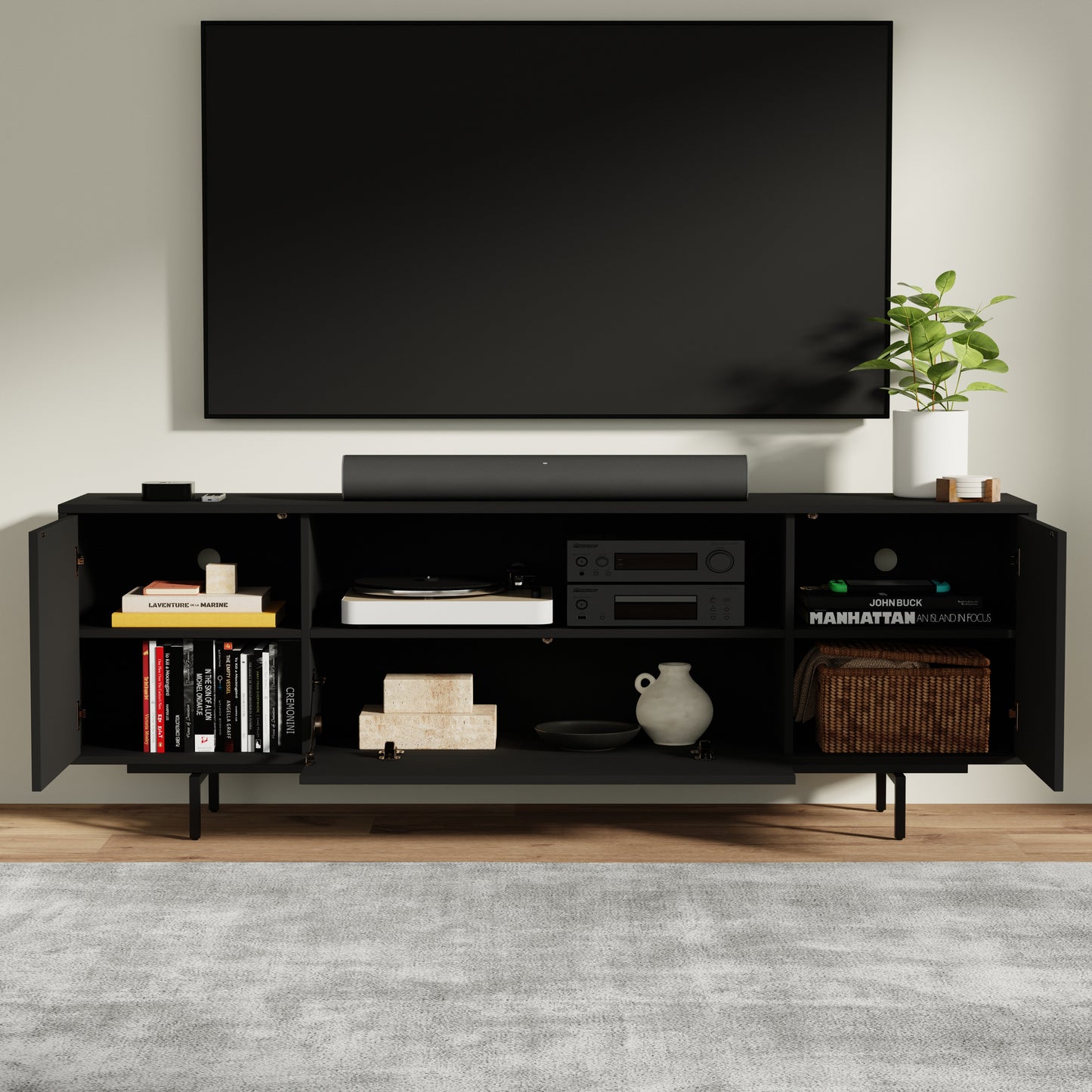 ComfIQ Norrhaus 75-Inch Modern TV Stand with Center Channel Speaker Shelf and Flip Down Door