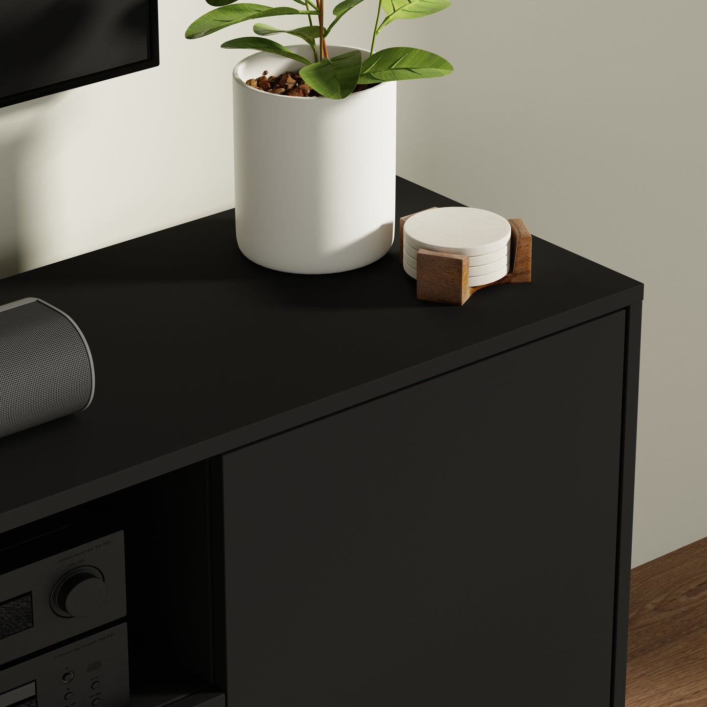 ComfIQ Norrhaus 75-Inch Modern TV Stand with Center Channel Speaker Shelf and Flip Down Door