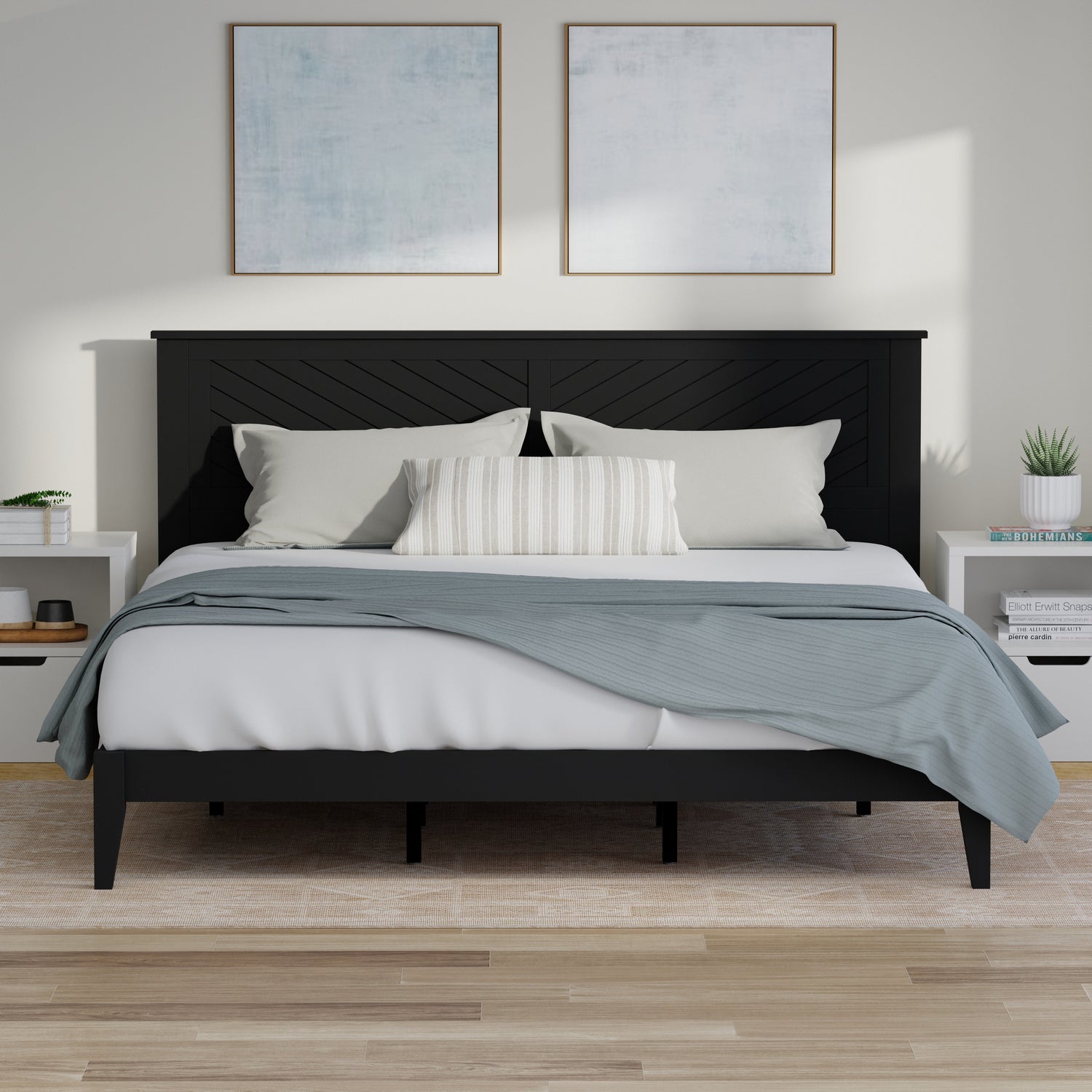 ComfIQ Serene Solid Wood Modern Farmhouse Platform Bed with Chevron Scoring Headboard