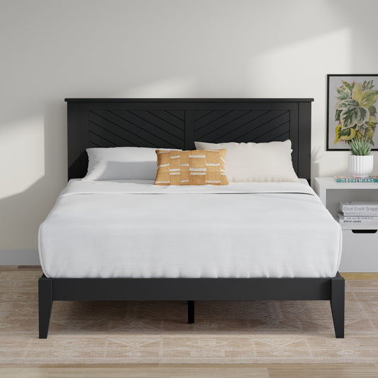 ComfIQ Serene Solid Wood Modern Farmhouse Platform Bed with Chevron Scoring Headboard