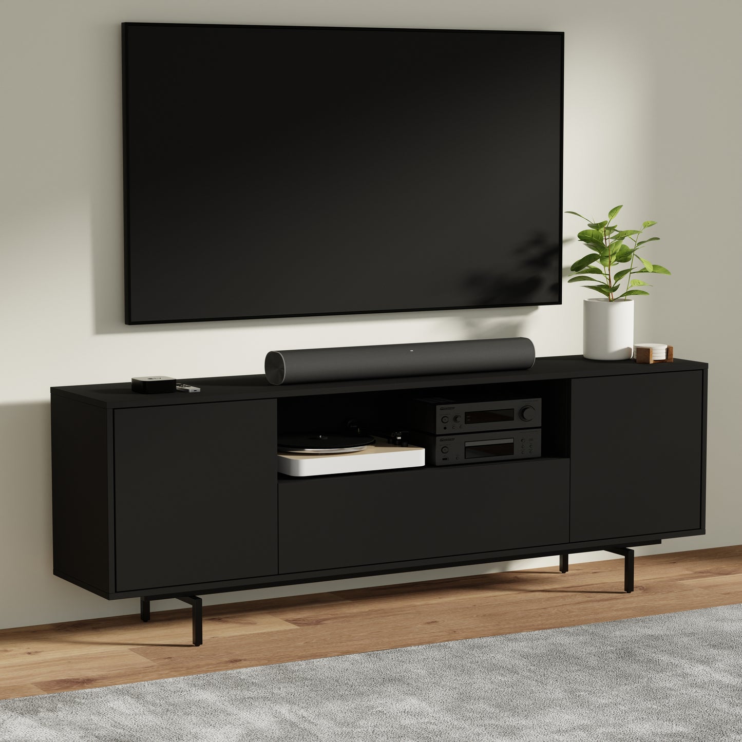 ComfIQ Norrhaus 75-Inch Modern TV Stand with Center Channel Speaker Shelf and Flip Down Door